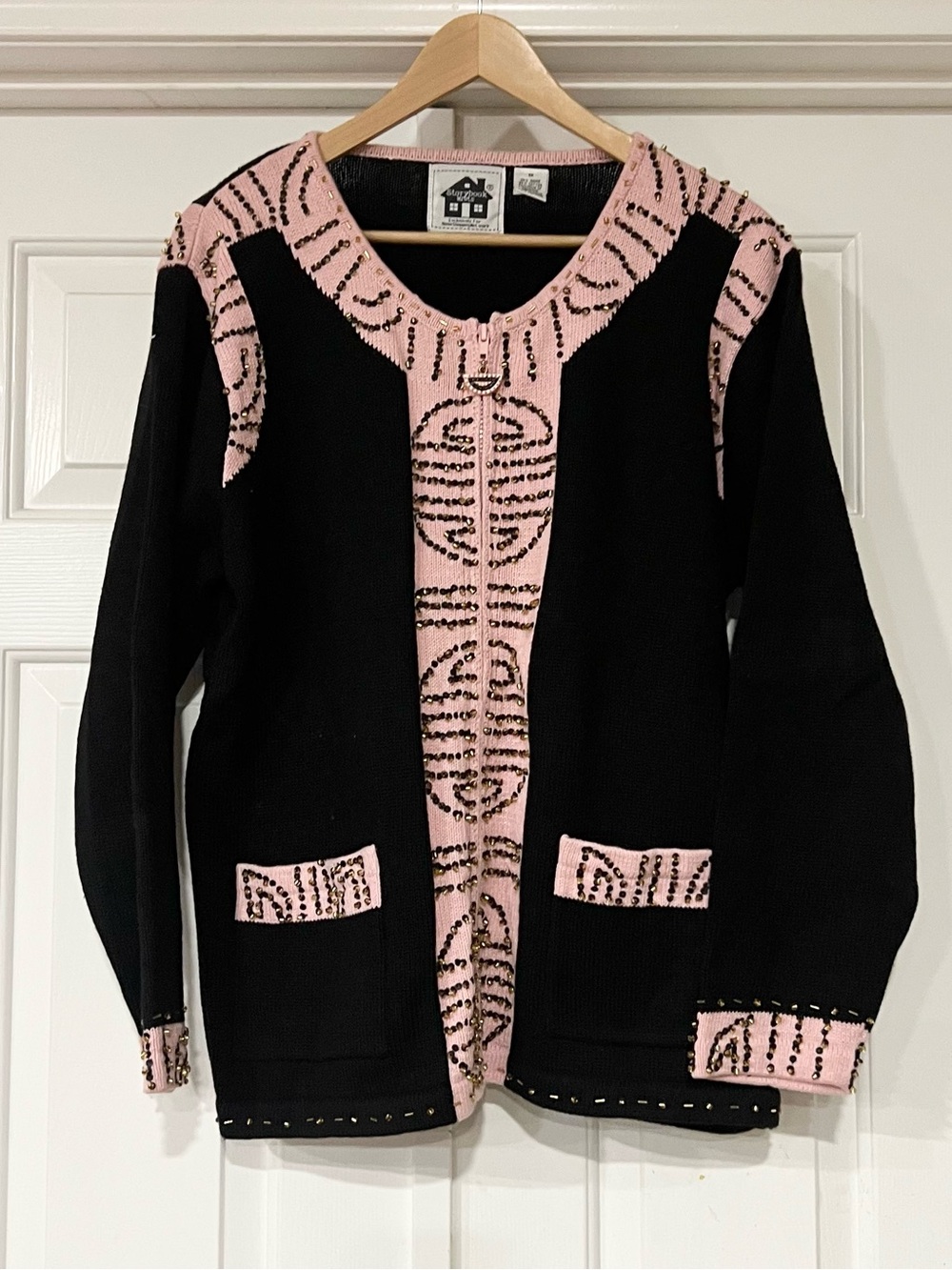 Storybook Knits | Art to Wear Beaded Black and Pink Patterned Sweater